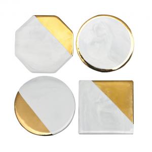 Golden plated marble round square octagonal white ceramic cup coasters custom ceramic marble coaster ceramic 