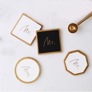 Custom logo plated marbled round and octagonal ceramic cup coasters 