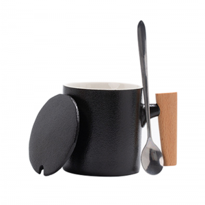 Fashion Customized logo printed Ceramic Mugs with lid and Wooden Handle for coffee 