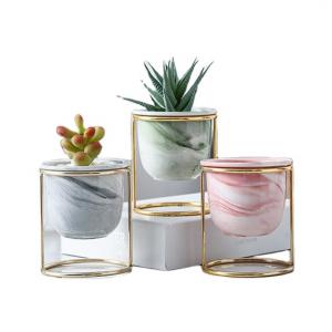 High quality marbled gold iron stand ceramic flowerpot succulents pot 