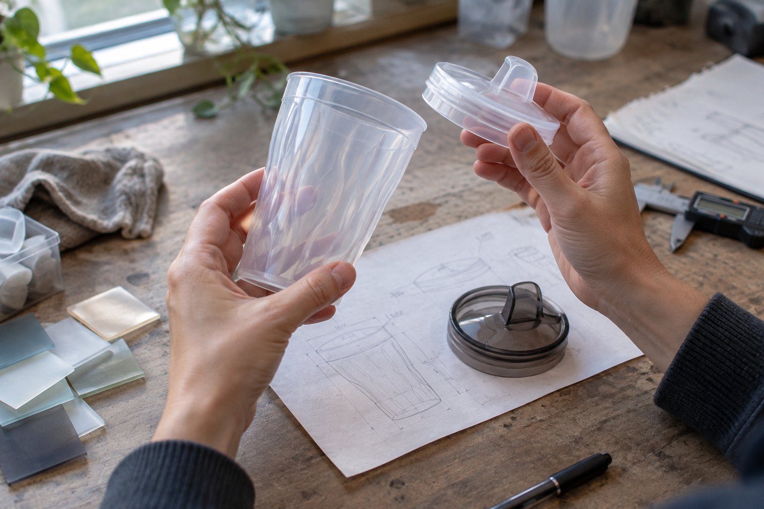 New product design review with engineering drawings and prototype